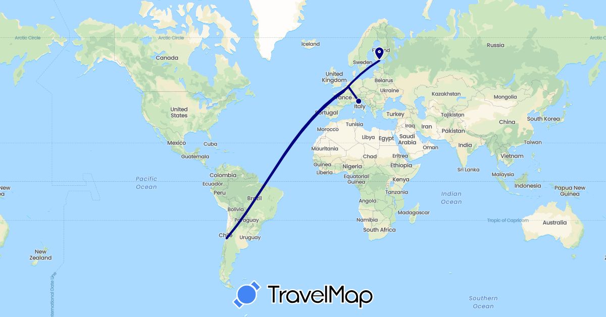 TravelMap itinerary: driving in Chile, Finland, France, Italy, Netherlands (Europe, South America)